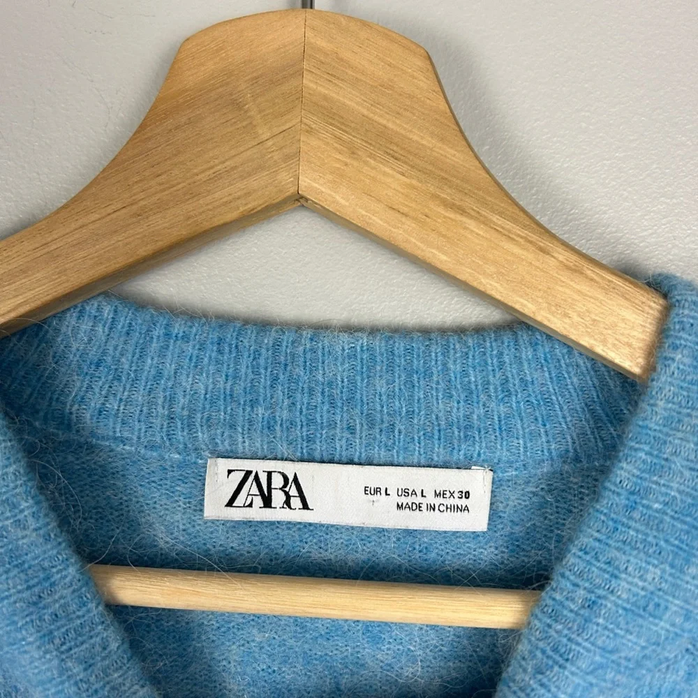 ZARA Alpaca Wool Sweater Blue Large Crew Neck Minimal Contemporary Preppy - Picture 2 of 5